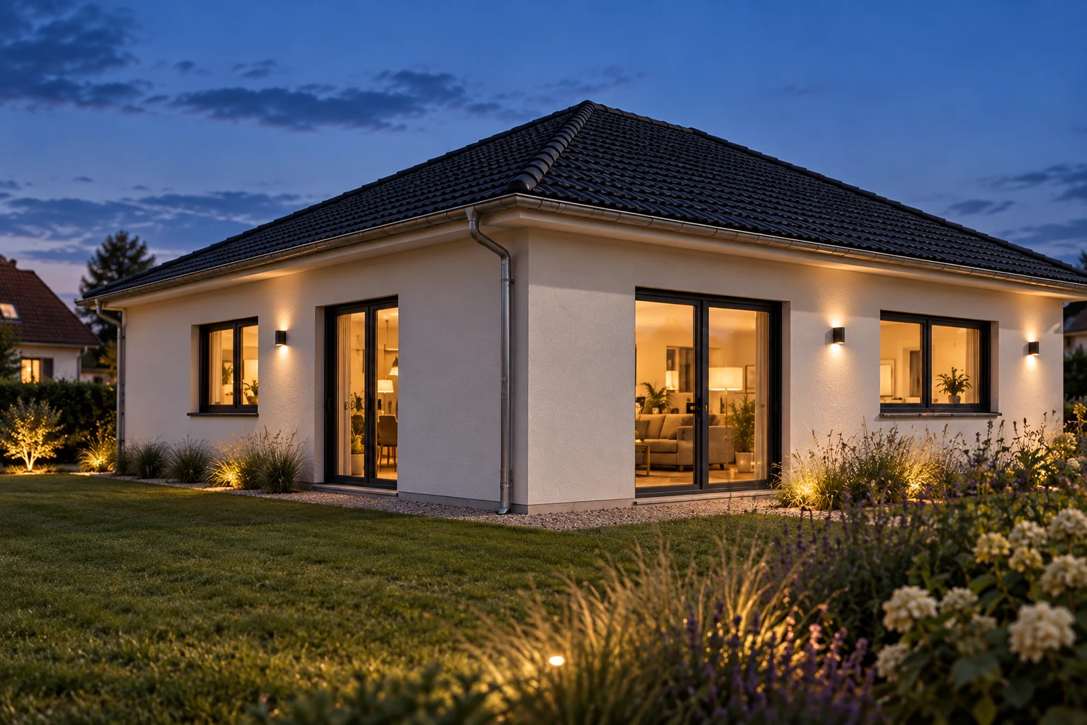 Bungalow über Eck mit Blick auf die Fensterfront in der Abenddämmerung