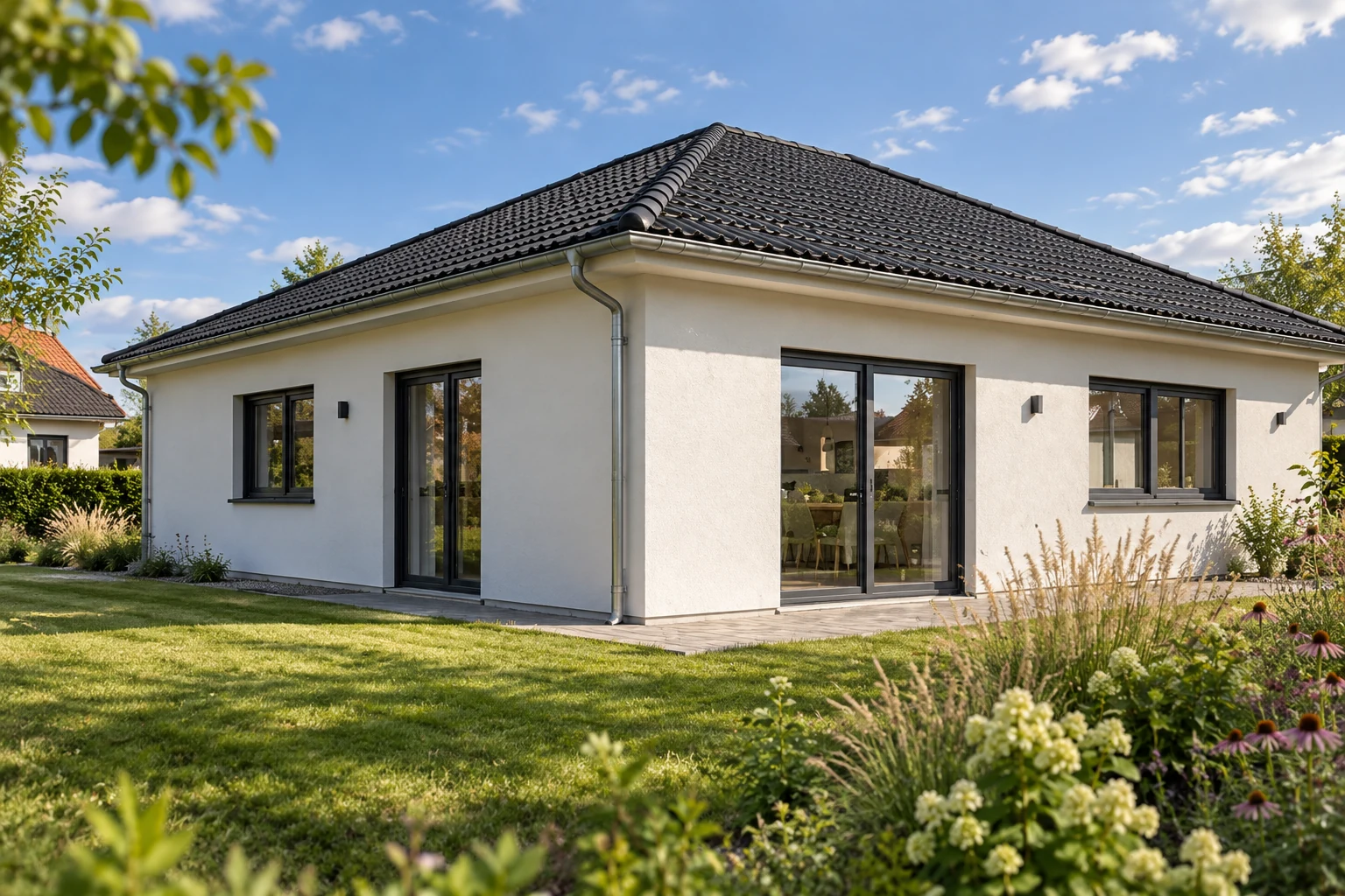 Bungalow über Eck mit Blick auf die Fensterfront bei Tageslicht