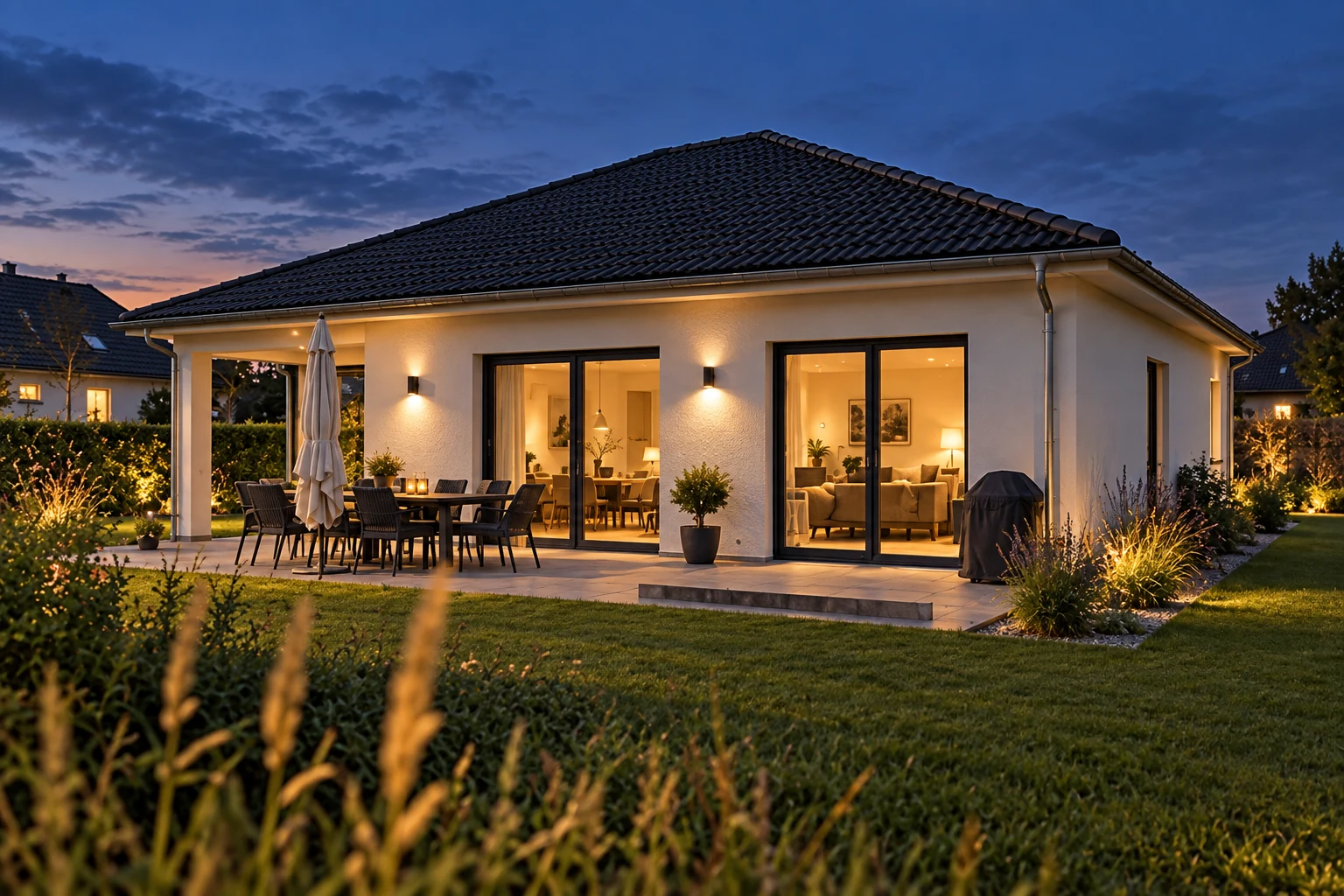 Terrasse und Gartenseite des Bungalows in der Abenddämmerung