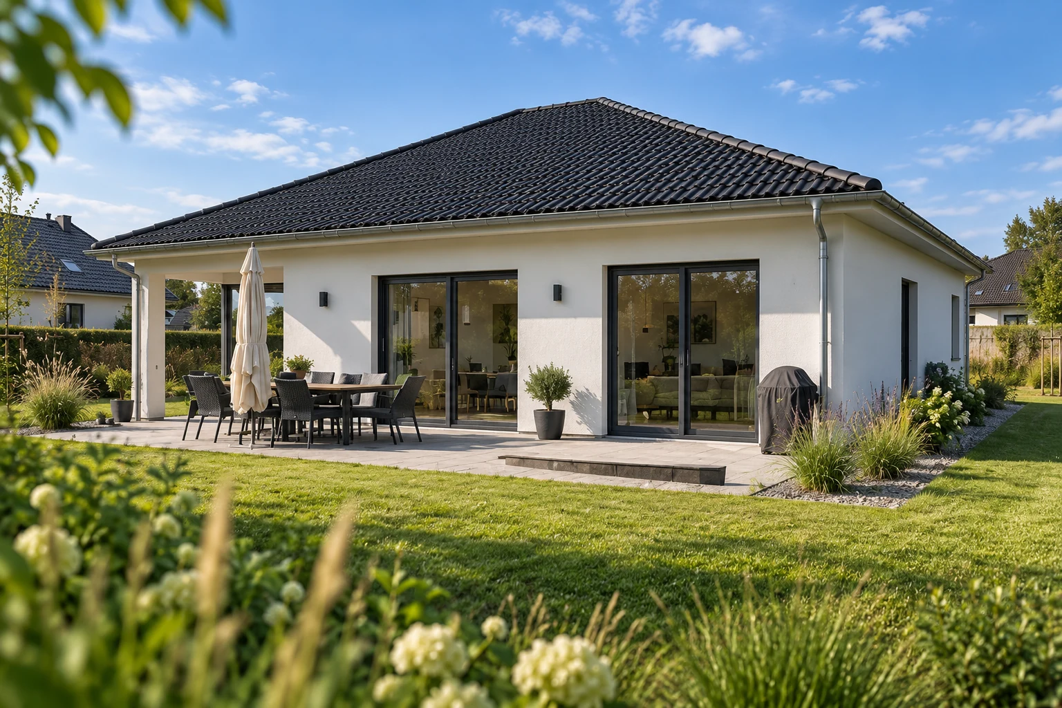 Terrasse und Gartenseite des Bungalows bei Tageslicht