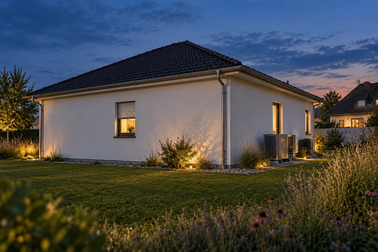 Bungalow, Seitenansicht in der Abenddämmerung
