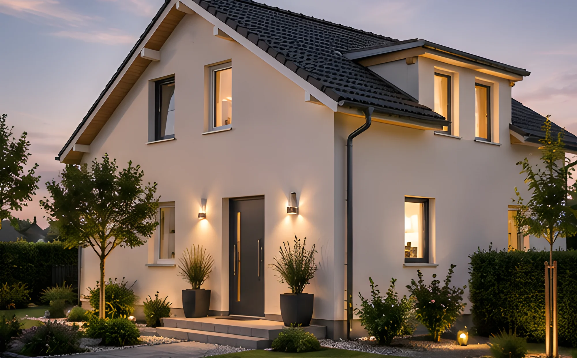 Einfamilienhaus, Eingangsseite in der Abenddämmerung