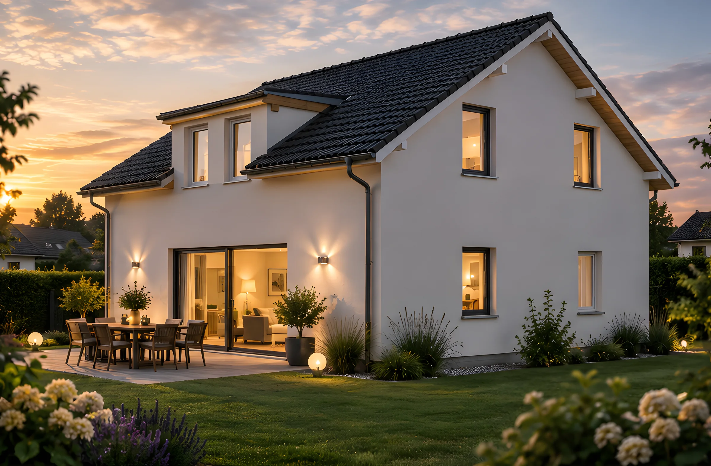 Einfamilienhaus von der Gartenseite in der Abenddämmerung