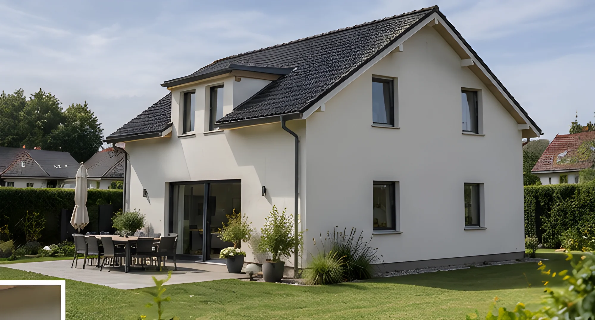 Einfamilienhaus, seitlicher Gartenblick bei Tageslicht