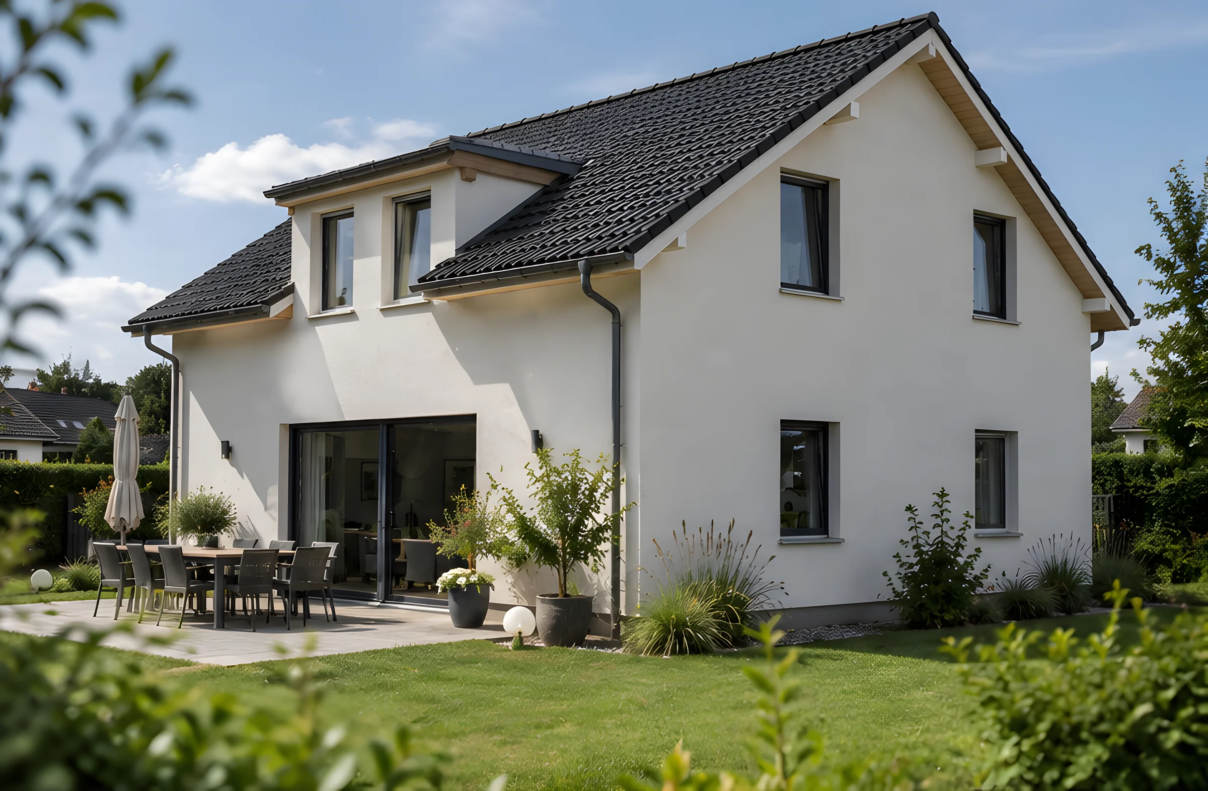 Einfamilienhaus von der Gartenseite bei Tageslicht