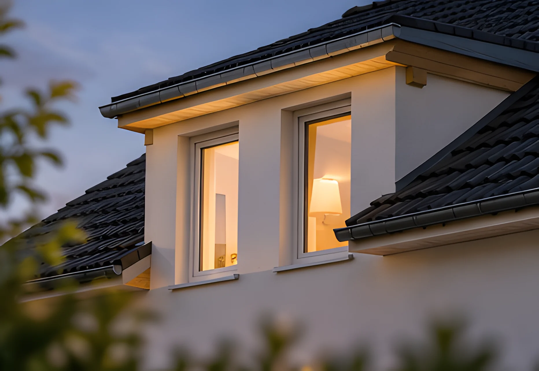 Gaube und Fensterdetail in der Abenddämmerung