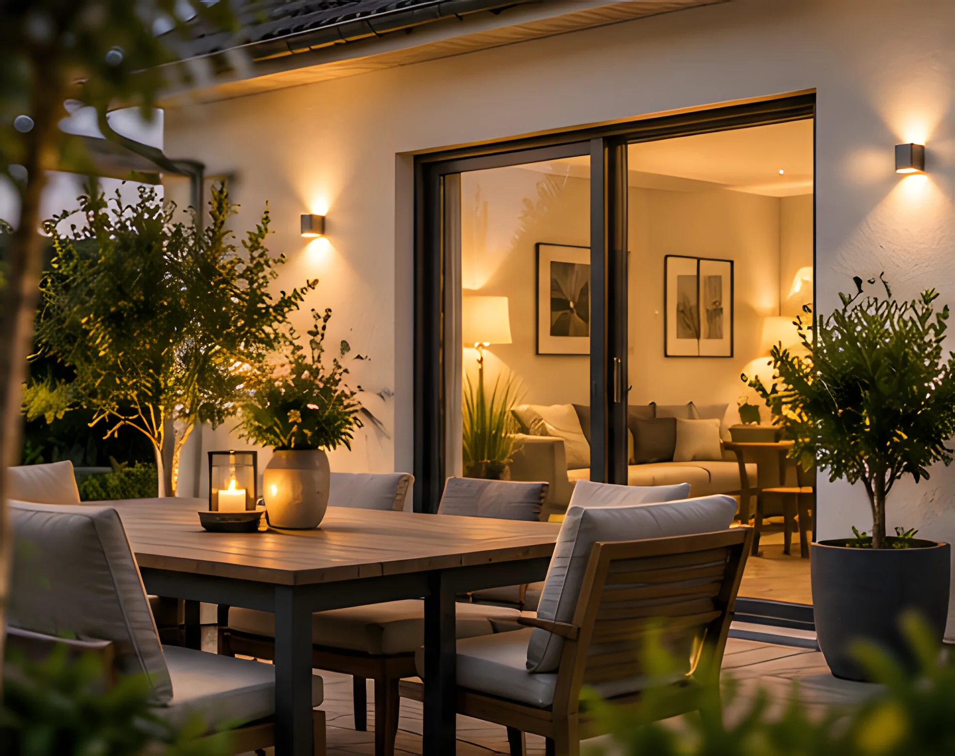 Terrasse des Einfamilienhauses in der Abenddämmerung