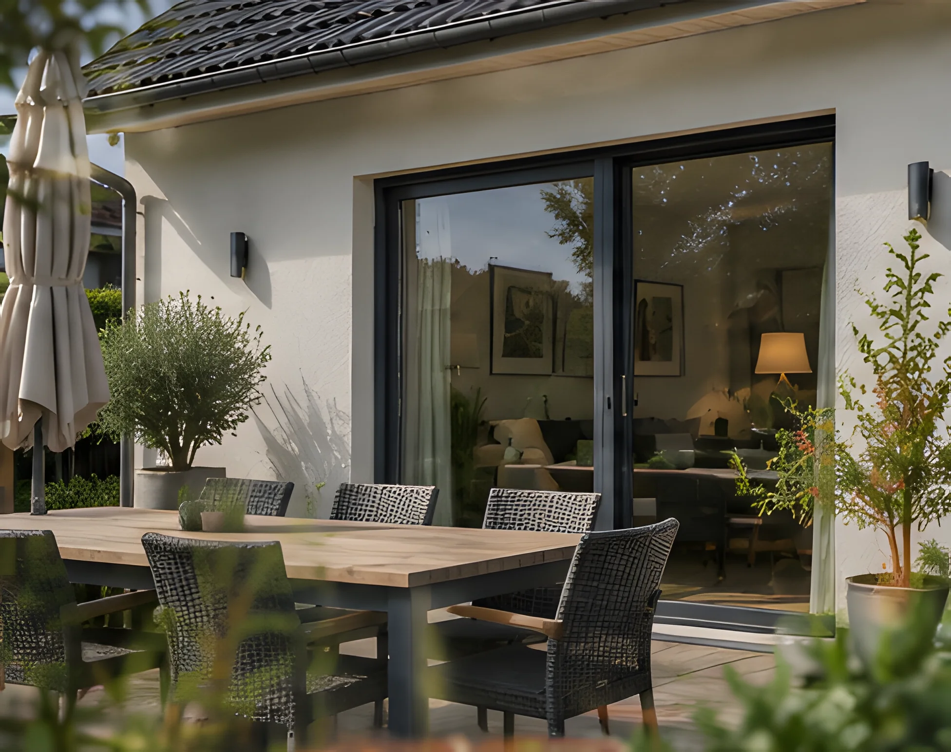 Terrasse des Einfamilienhauses bei Tageslicht