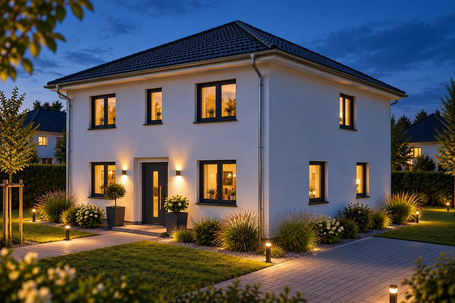 Stadtvilla von der Eingangsseite in der Abenddämmerung