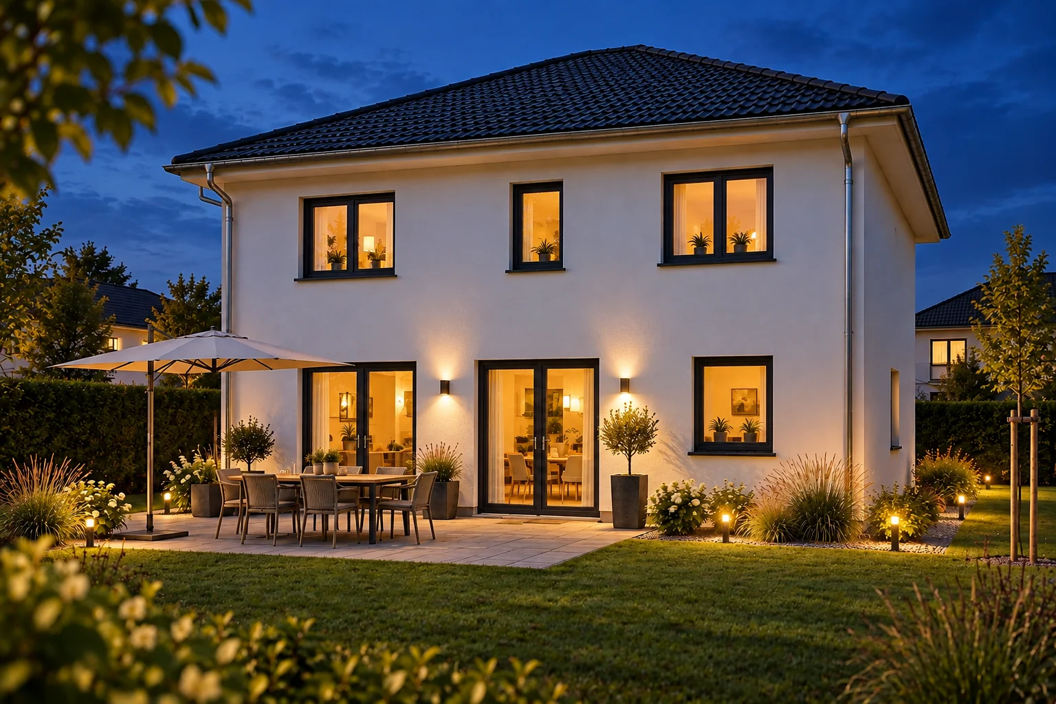 Stadtvilla mit Terrasse und Garten in der Abenddämmerung