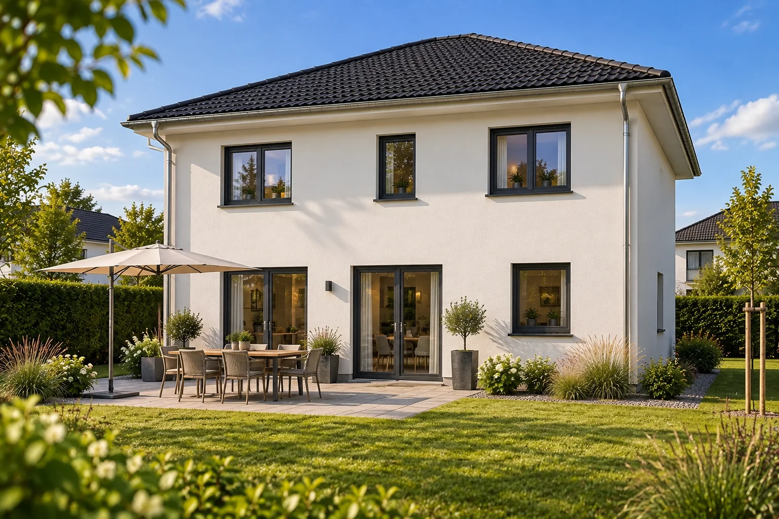 Stadtvilla mit Terrasse und Garten bei Tageslicht