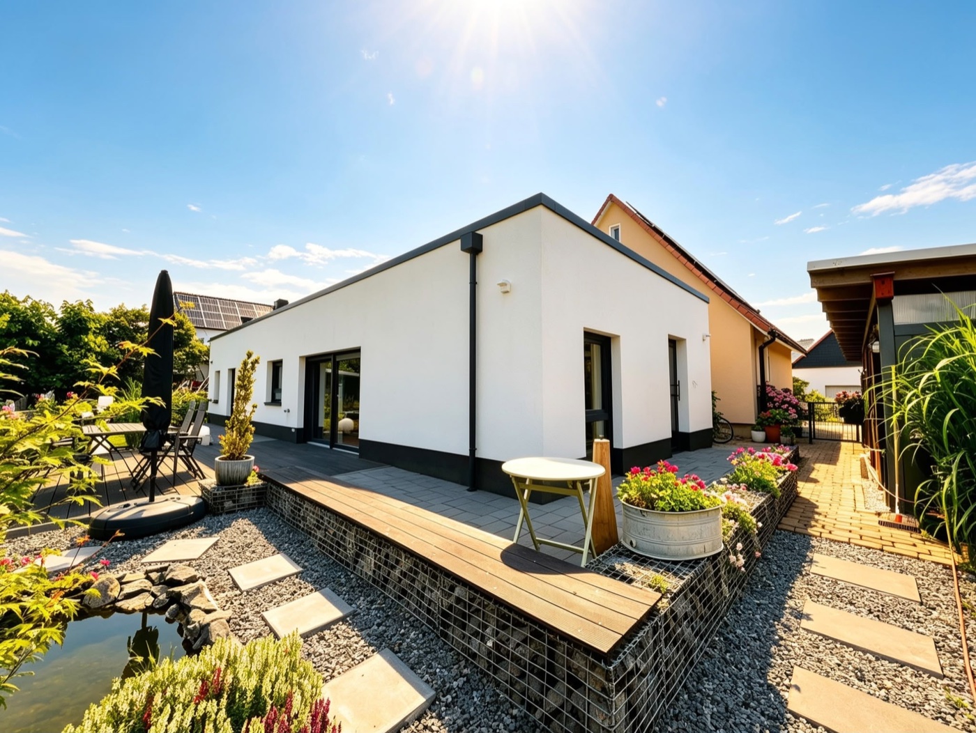 Moderner Flachdach-Anbau mit Terrasse und Außenbereich
